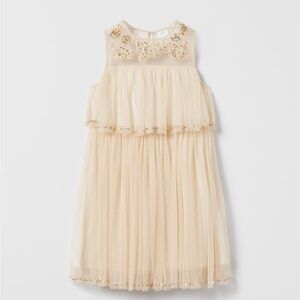 Zara Rhinestone Embroidered Tulle Dress Girls Ecru Formal Dress Size 7
